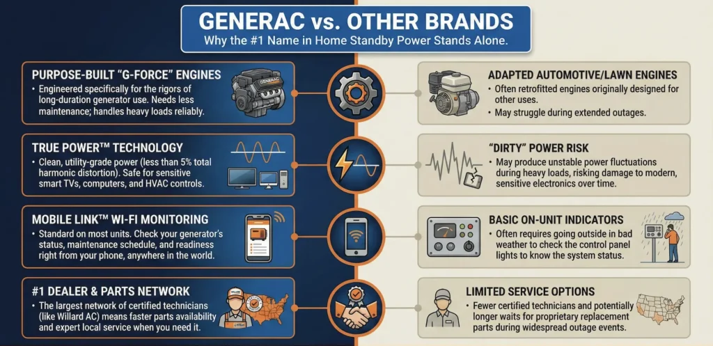 Infographic titled "GENERAC vs. OTHER BRANDS: Why the #1 Name in Home Standby Power Stands Alone." It is a side-by-side comparison. The left side, representing Generac, highlights "Purpose-Built 'G-Force' Engines" for long duration, "True Power™ Technology" for clean utility-grade power, "Mobile Link™ Wi-Fi Monitoring" for remote status checks, and the "#1 Dealer & Parts Network" for widespread support. The right side, representing Other Brands, lists "Adapted Automotive/Lawn Engines" which may struggle, "'Dirty' Power Risk" with unstable power, "Basic On-Unit Indicators" requiring outdoor checks, and "Limited Service Options" with fewer technicians. A central column with icons connects each point