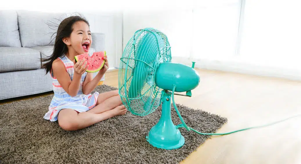  Young girl sitting in front of a blue fan while eating watermelon 