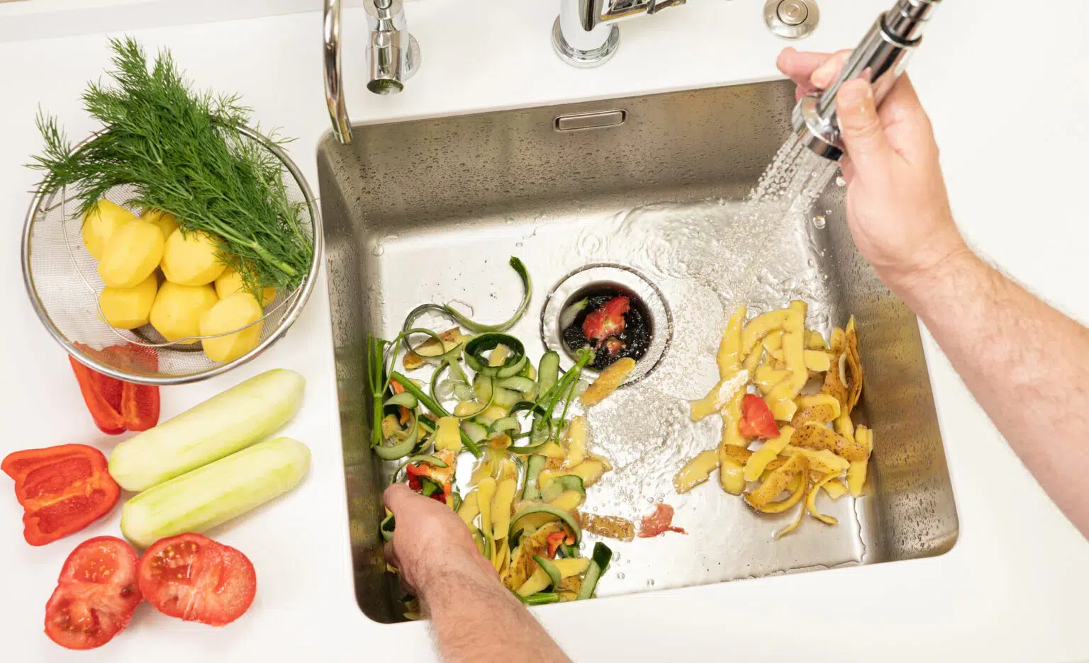  Overhead view of a pair of hands pushing veggie peels into a garbage disposal in a stainless steel sink. 